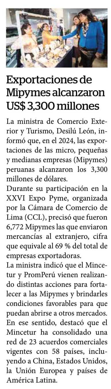EXPORTACIONES DE MIPYMES ALCANZARON USD 3,300 MILLONES
