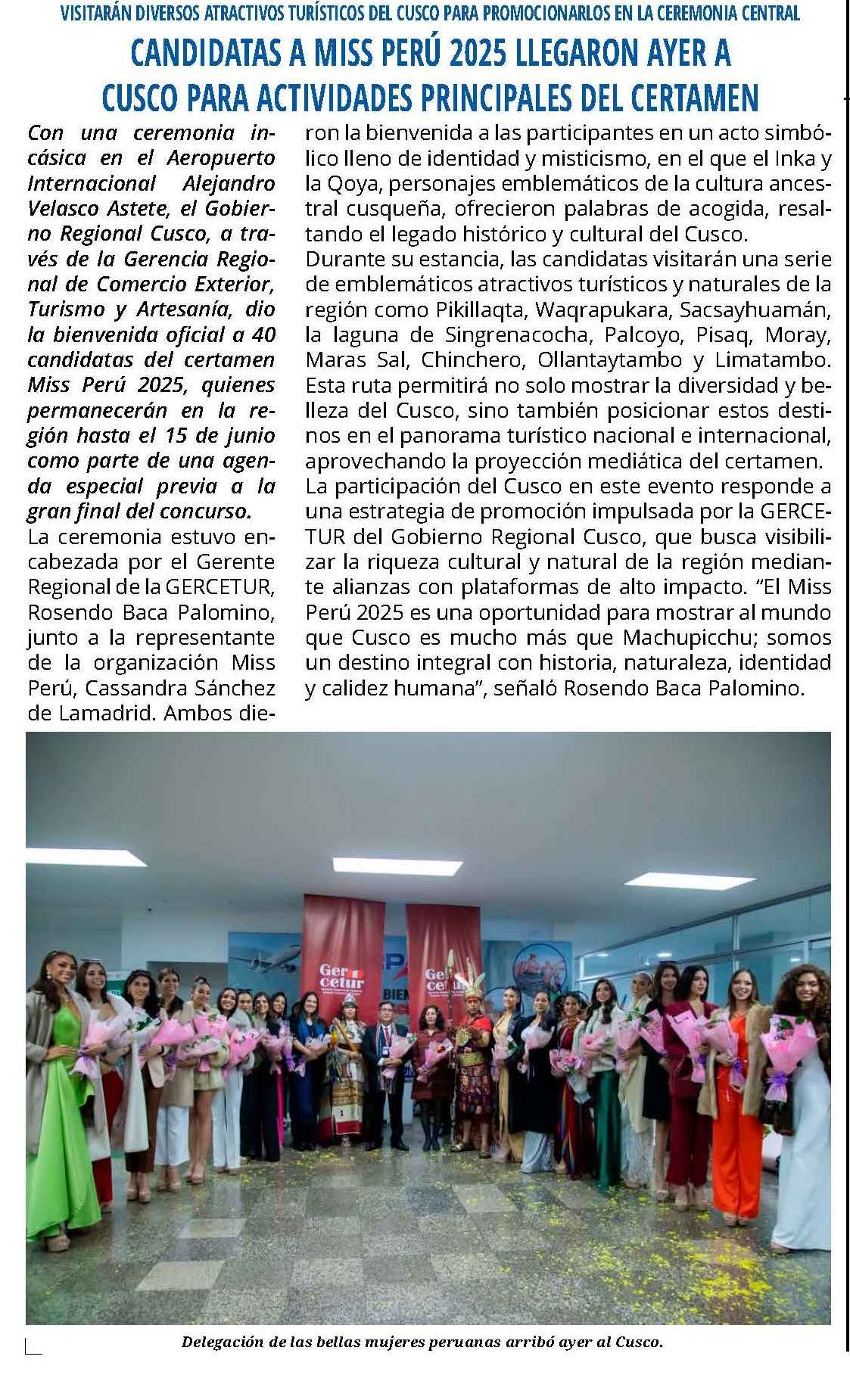 CANDIDATAS A MISS PERÚ 2025 LLEGARON A CUSCO PARA ACTIVIDADES PRINCIPALES DEL CERTAMEN