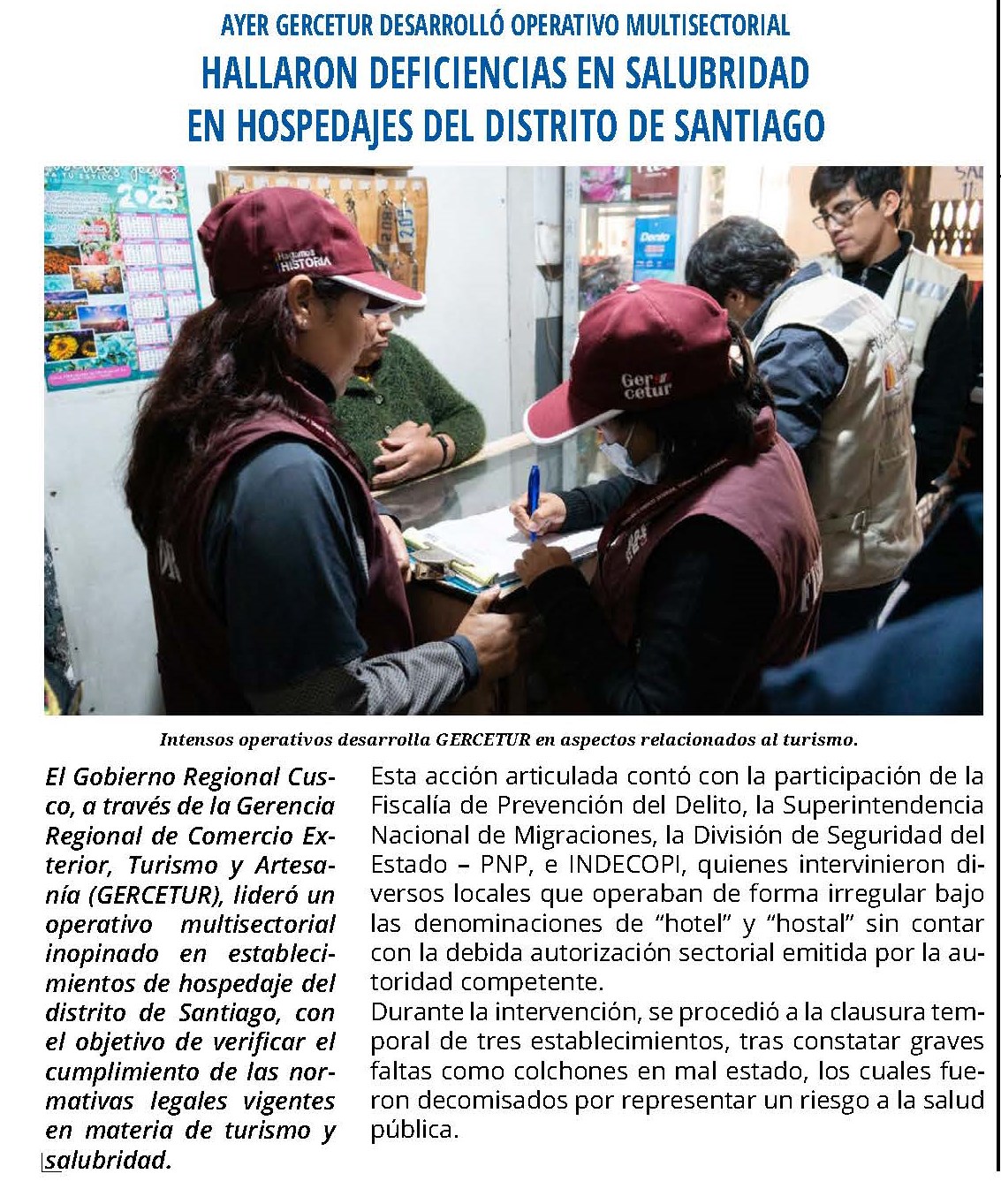 HALLARON DEFICIENCIAS EN SALUBRIDAD EN HOSPEDAJES DEL DISTRITO DE SANTIAGO