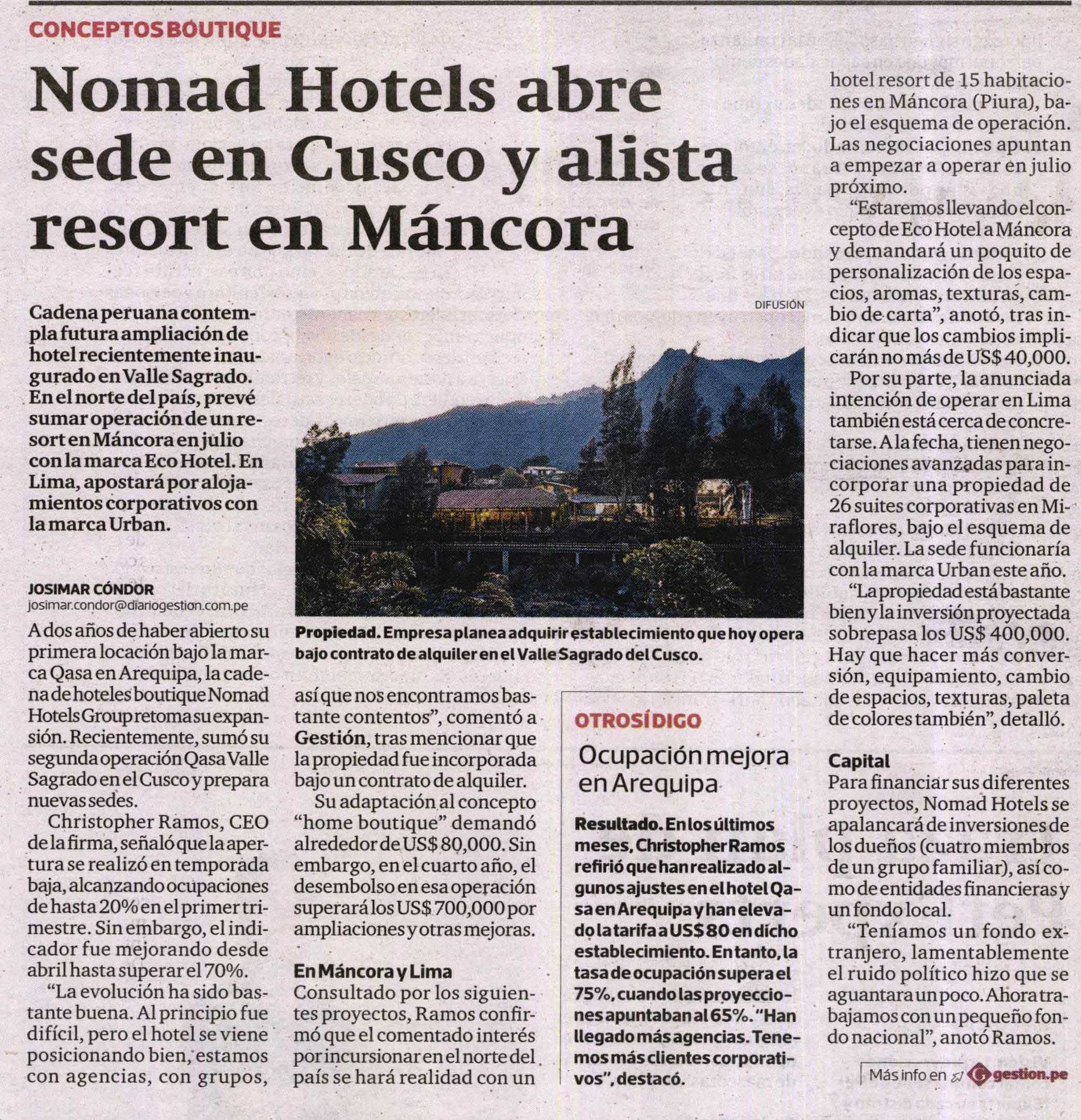 NOMAD HOTELS ABRE SEDE EN CUSCO Y ALISTA RESORT EN MÁNCORA