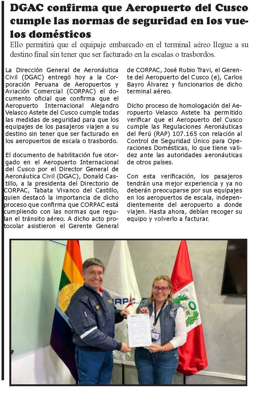 DGAC CONFIRMA QUE AEROPUERTO DEL CUSCO CUMPLE LAS NORMAS DE SEGURIDAD EN LOS VUELOS DOMÉSTICOS