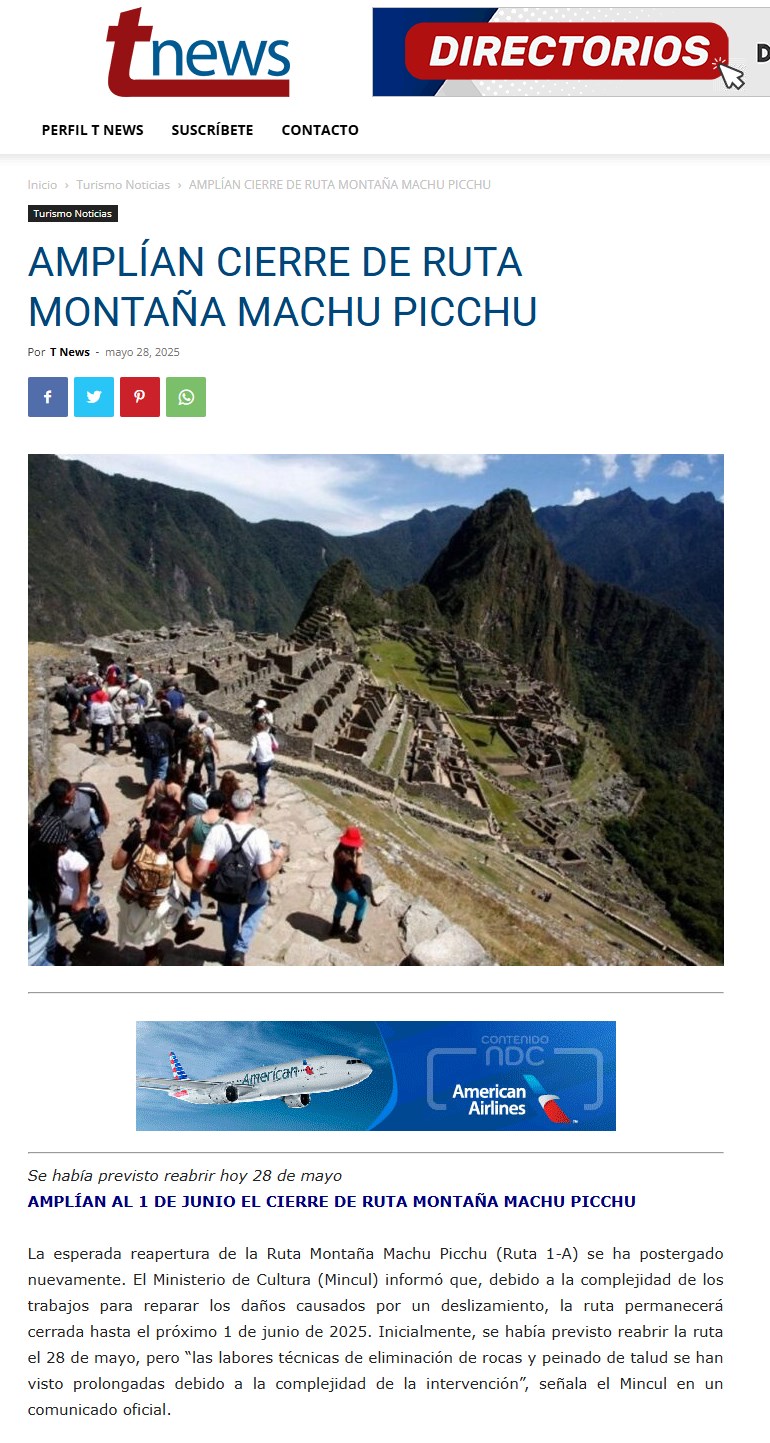 EL DOMINGO SE REANUDARÁ INGRESO DE TURISTAS A LA RUTA 1-A DE MACHU PICCHU