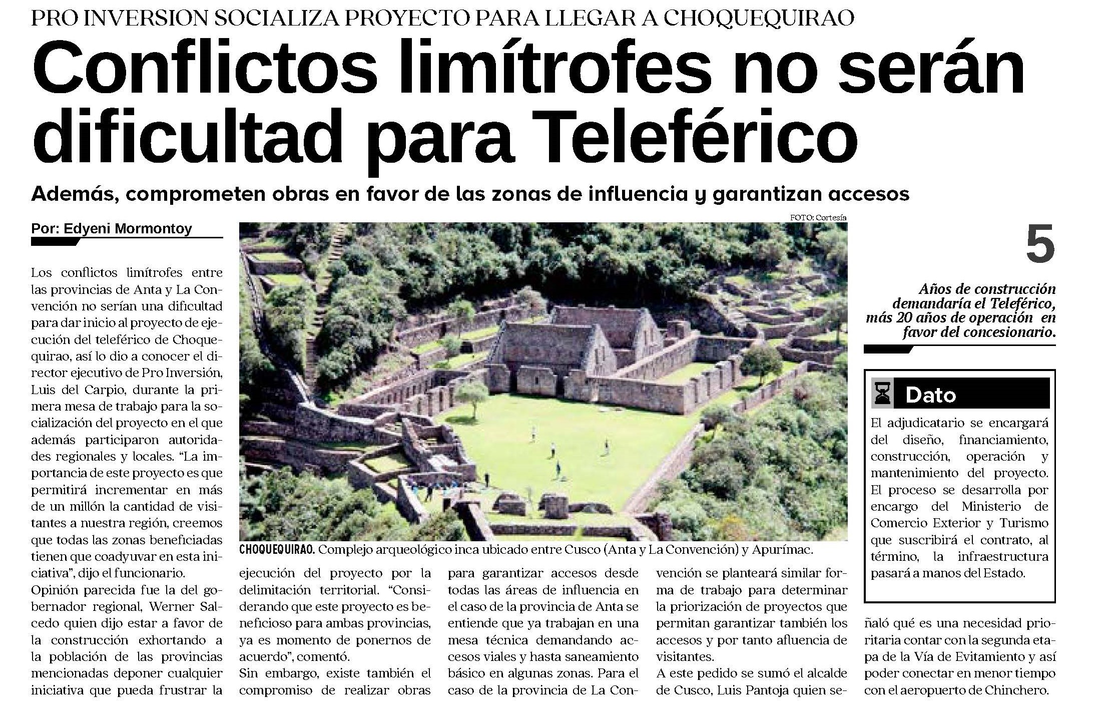 CUSCO ESPERA TRANSFERENCIA DE 3,5 MILLONES PARA INICIAR PROYECTO A CHOQUEQUIRAO