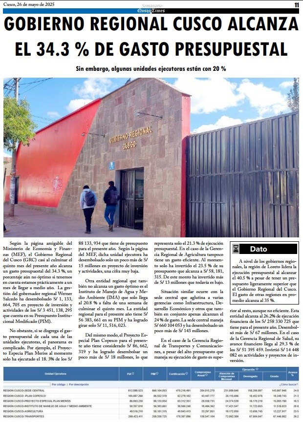 GOBIERNO REGIONAL CUSCO ALCANZA EL 34,3 % DE GASTO PRESUPUESTAL