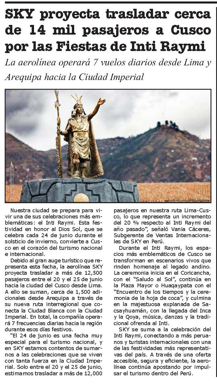 SKY PROYECTA TRASLADAR CERCA DE 14 MIL PASAJEROS A CUSCO POR LAS FIESTAS DE INTI RAYMI