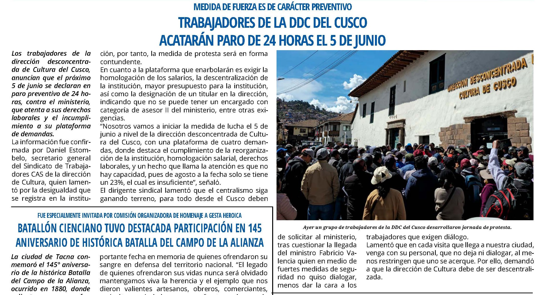 TRABAJADORES DE LA DDC DEL CUSCO ACATARÁN PARO DE 24 HORAS EL 5 DE JUNIO
