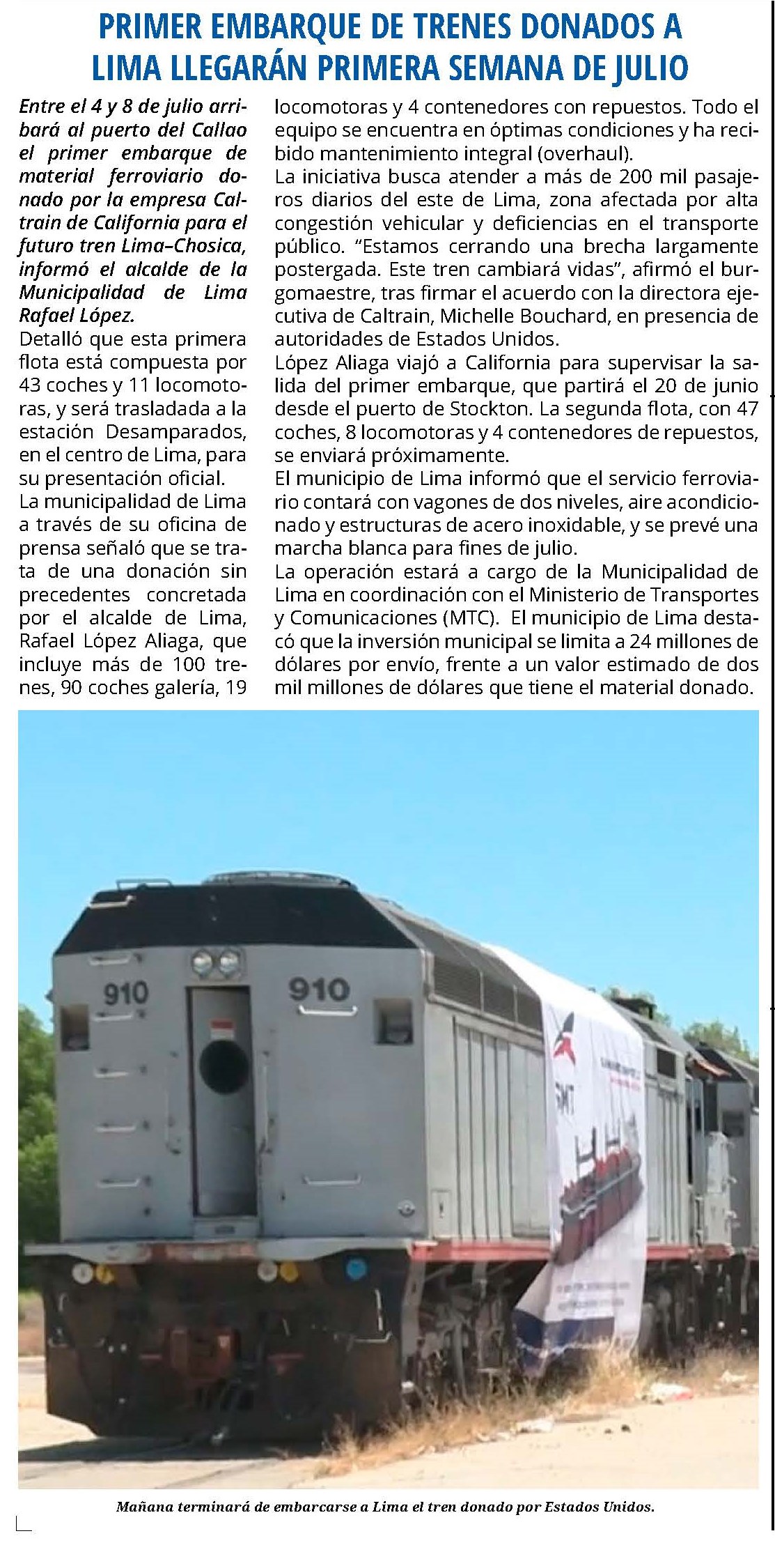 PRIMER EMBARQUE DE TRENES DONADOS A LIMA LLEGARÁN PRIMERA SEMANA DE JULIO