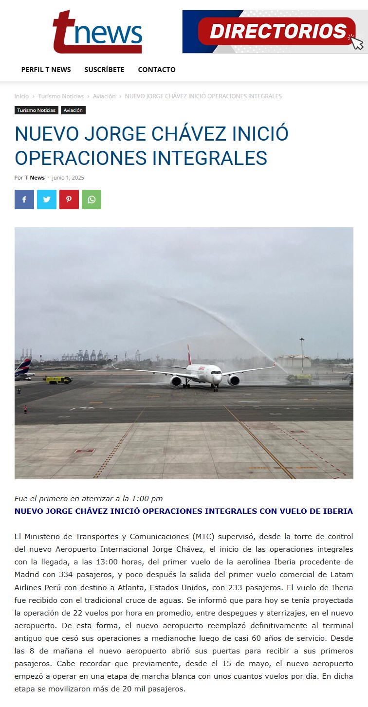 NUEVO JORGE CHÁVEZ INICIÓ OPERACIONES CON ATERRIZAJE DE PRIMER VUELO DESDE MADRID