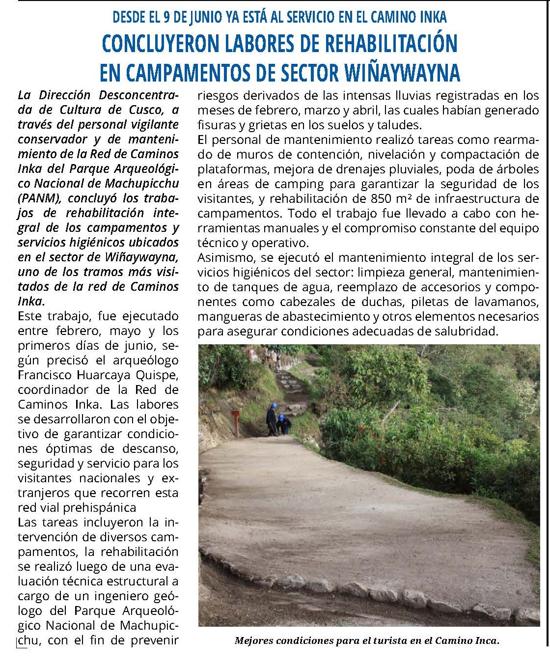 CULMINAN TRABAJOS DE REHABILITACIÓN Y MANTENIMIENTO EN CAMINO INKA