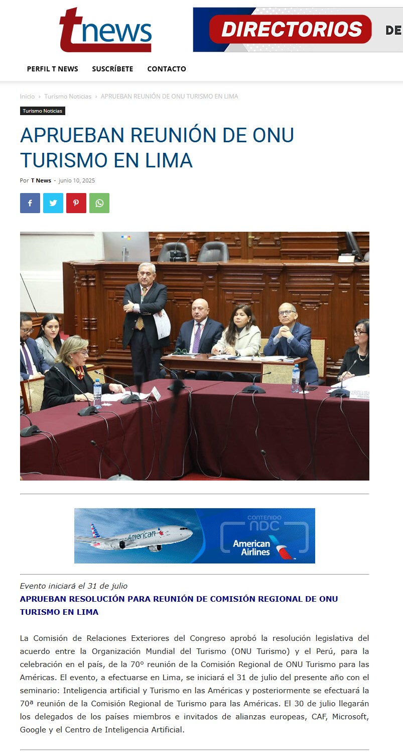 APRUEBAN REUNIÓN DE ONU TURISMO EN LIMA