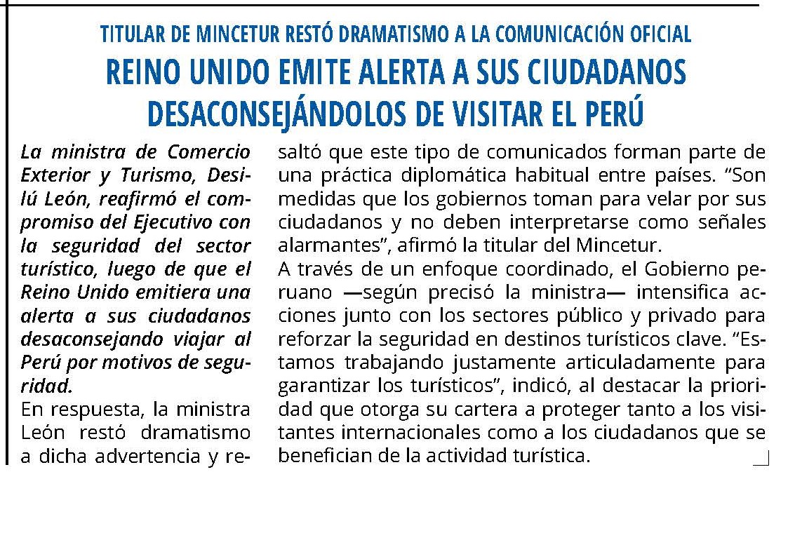 REINO UNIDO EMITE ALERTA A SUS CIUDADANOS DESACONSEJÁNDOLOS DE VISITAR EL PERÚ