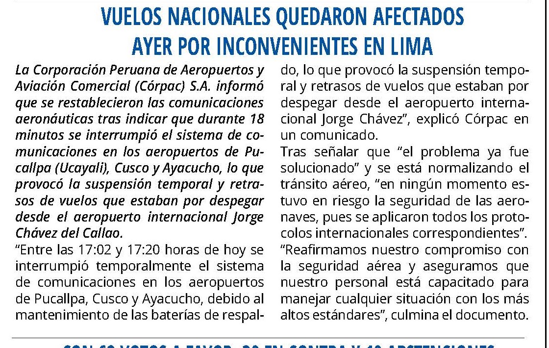 VUELOS NACIONALES QUEDARON AFECTADOS AYER POR INCONVENIENTES EN LIMA