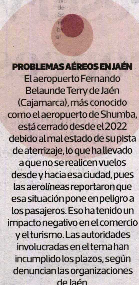 CIERRE DEL AEROPUERTO DE JAÉN CAUSA PÉRDIDAS POR MÁS DE S/ 250 MLLS.
