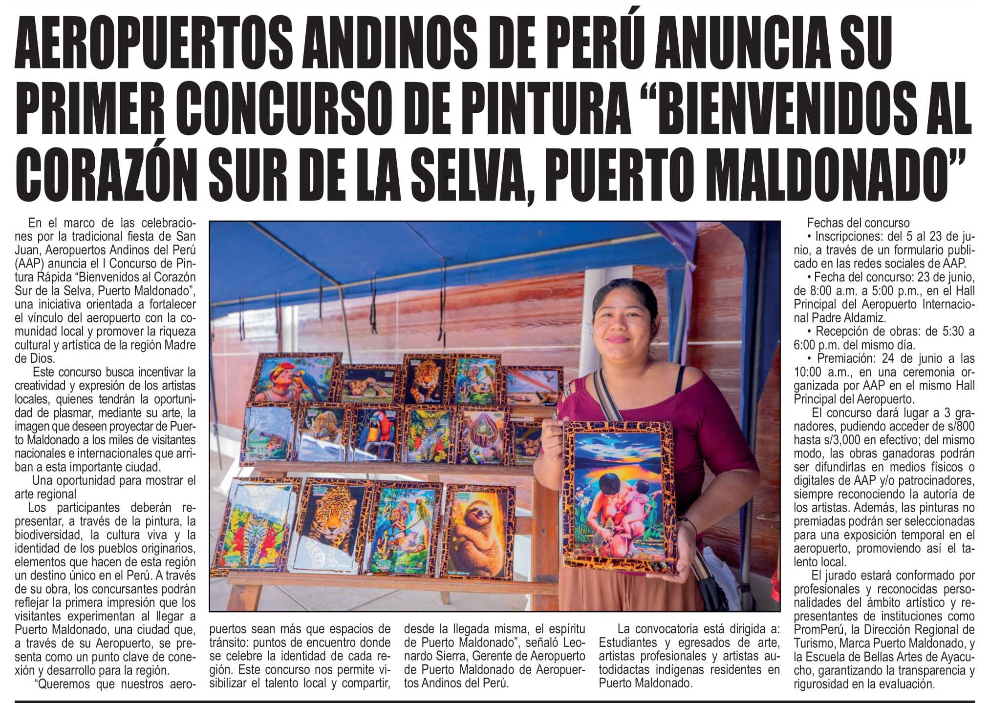 AEROPUERTOS ANDINOS DE PERÚ ANUNCIA SU PRIMER CONCURSO DE PINTURA “BIENVENIDOS AL CORAZÓN SUR DE LA SELVA, PUERTO MALDONADO”