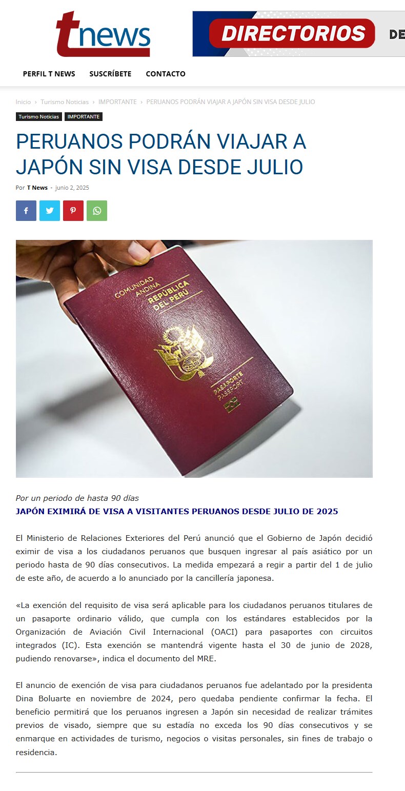 PERUANOS PODRÁN VIAJAR A JAPÓN SIN VISA DESDE JULIO