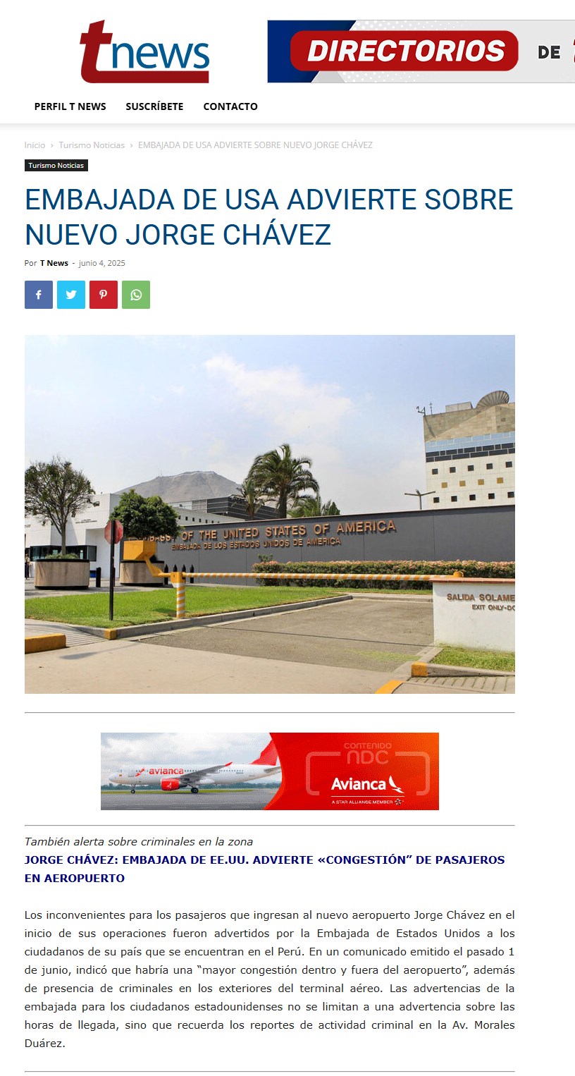EMBAJADA DE USA ADVIERTE SOBRE NUEVO JORGE CHÁVEZ