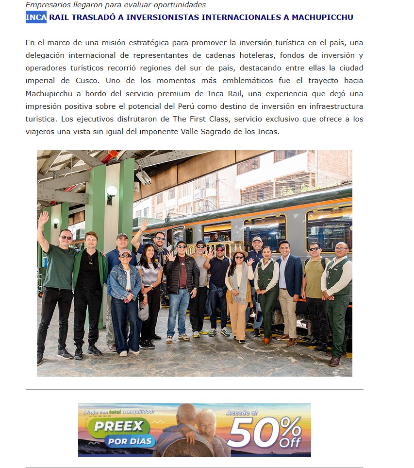 INCA RAIL TRASLADÓ A INVERSIONISTAS INTERNACIONALES A MACHUPICCHU