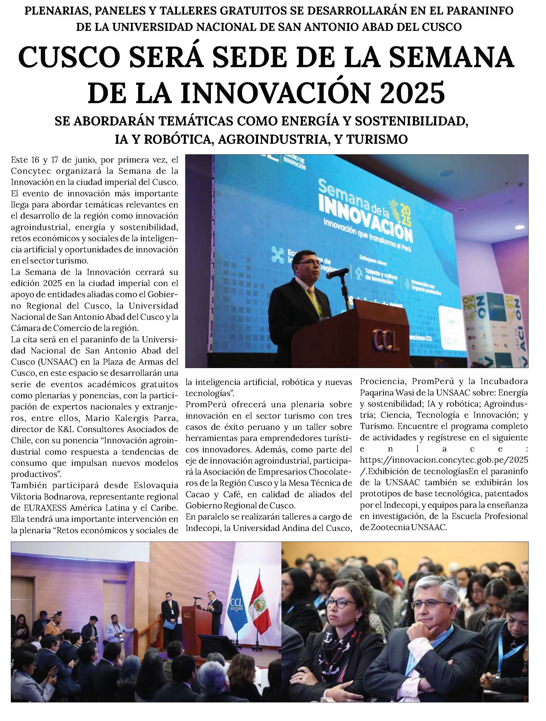 CUSCO SERÁ SEDE DE LA SEMANA DE LA INNOVACIÓN 2025