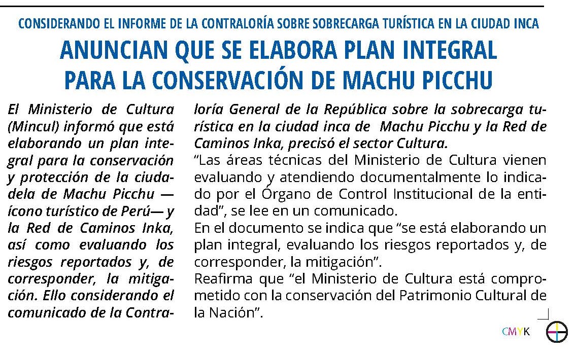 SUSCRIBIRÁN CONVENIO PARA ACTUALIZAR EL ESTUDIO DE CAPACIDAD DE CARGA DE MACHU PICCHU