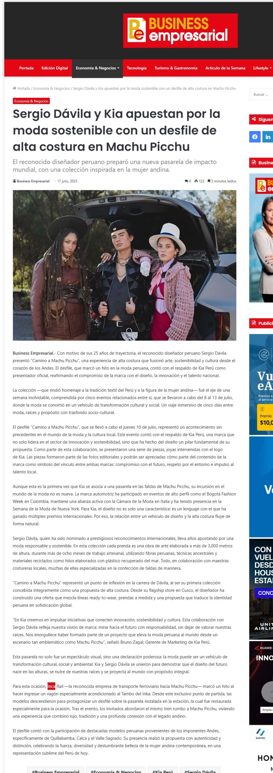 SERGIO DÁVILA APUESTA POR LA MODA SOSTENIBLE CON UN DESFILE EN MACHUPICCHU