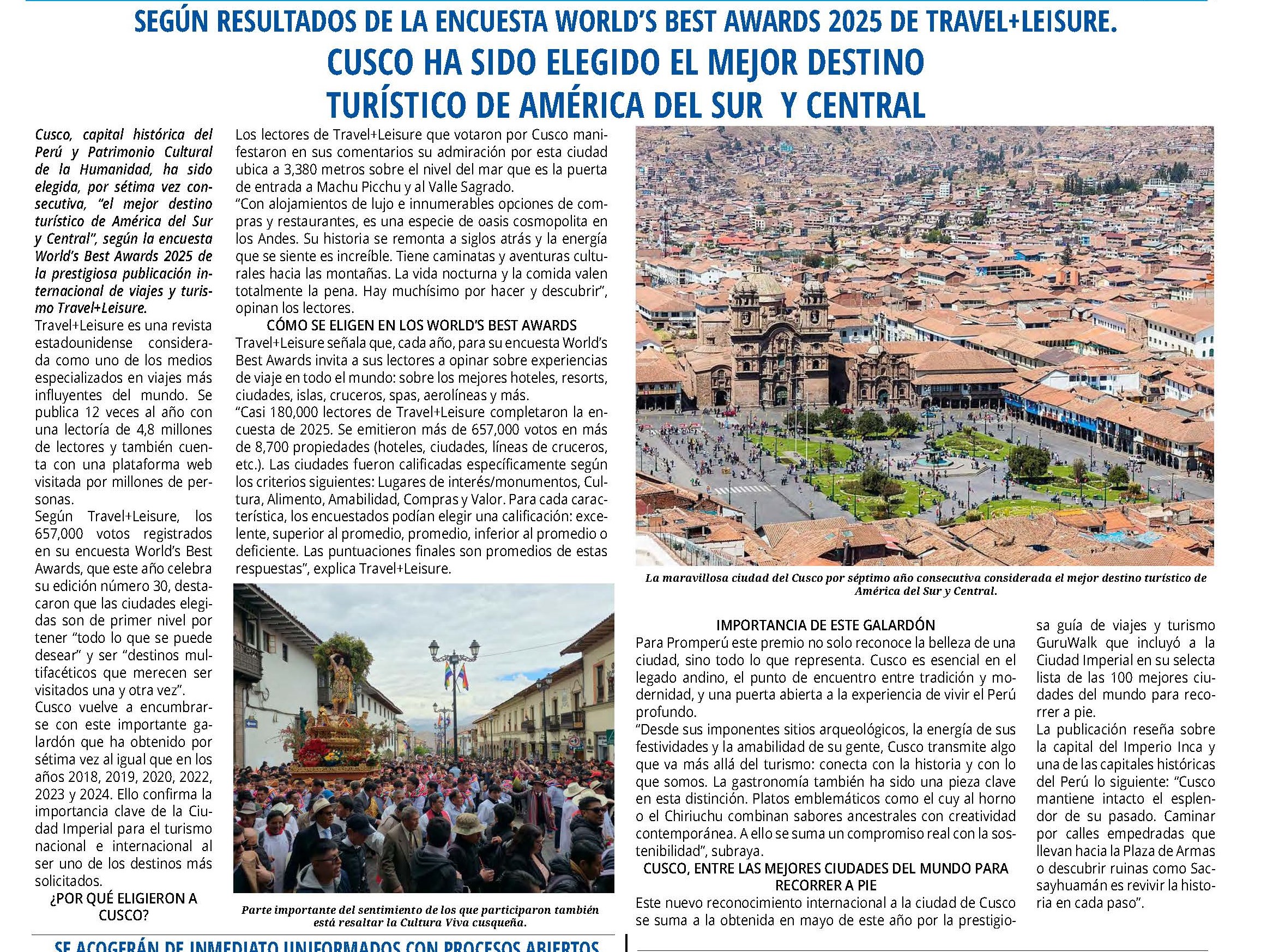 CUSCO ELEGIDO COMO EL MEJOR DESTINO TURÍSTICO DE CENTRO Y SUDAMÉRICA 2025