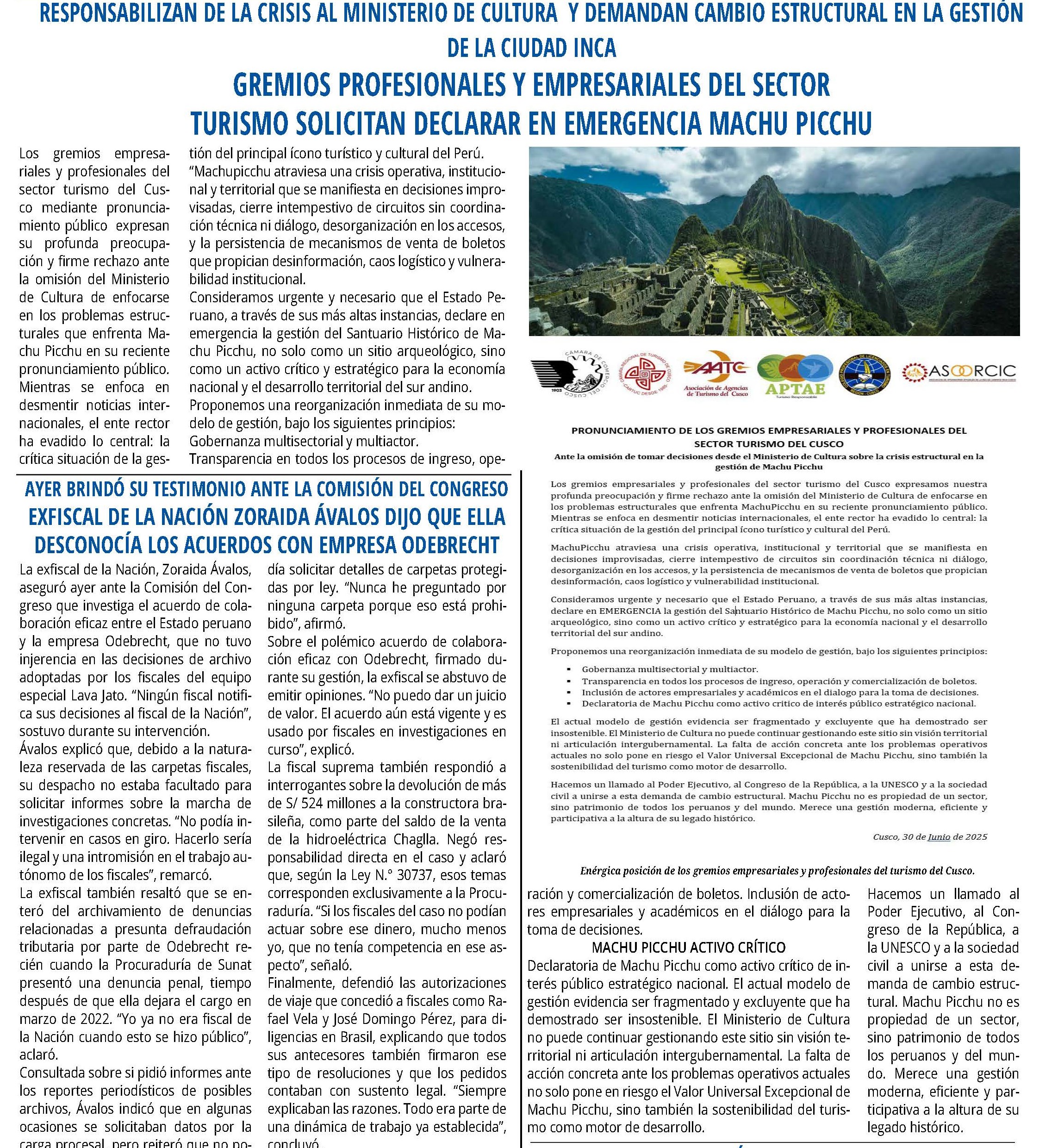 PIDEN DECLARAR EN EMERGENCIA LA GESTIÓN DE MACHUPICCHU