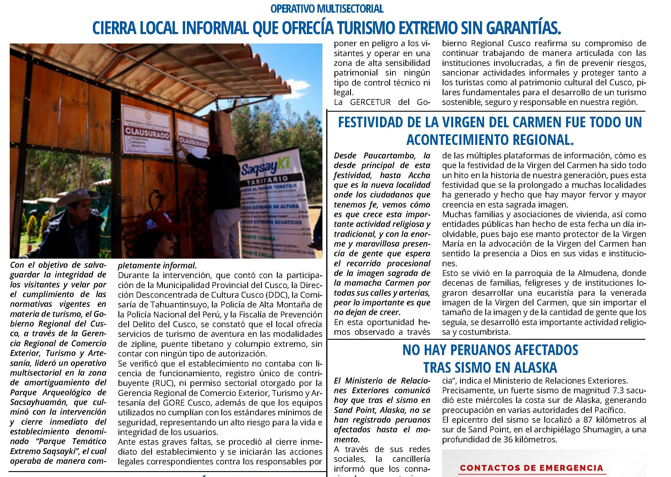 CIERRAN ESTABLECIMIENTO INFORMAL DE TURISMO EXTREMO EN SACSAYHUAMÁN