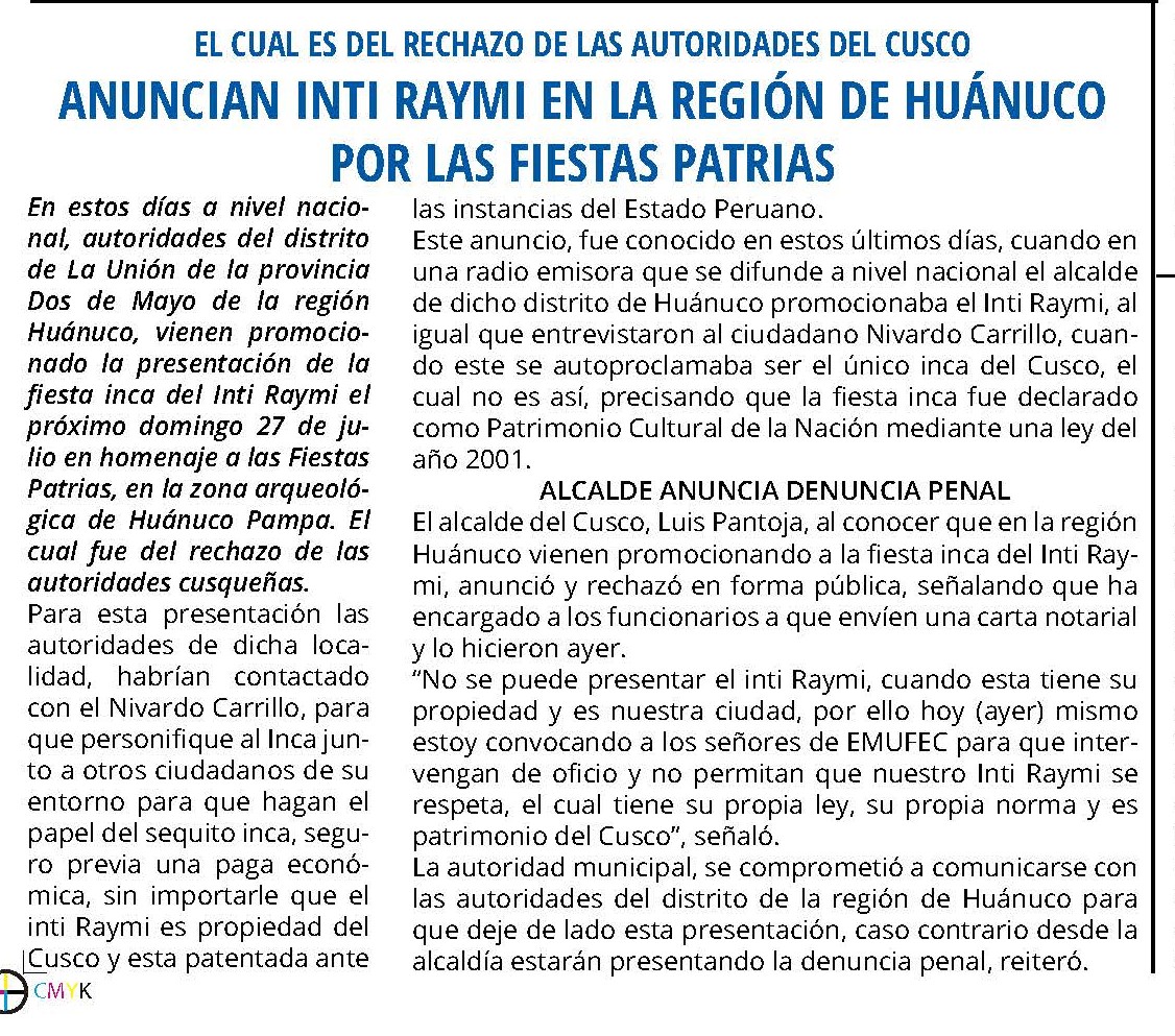 INTI RAYMI EN LA REGIÓN DE HUÁNUCO POR LAS FIESTAS PATRIAS