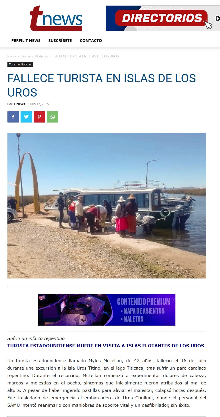 FALLECE TURISTA EN ISLAS DE LOS UROS