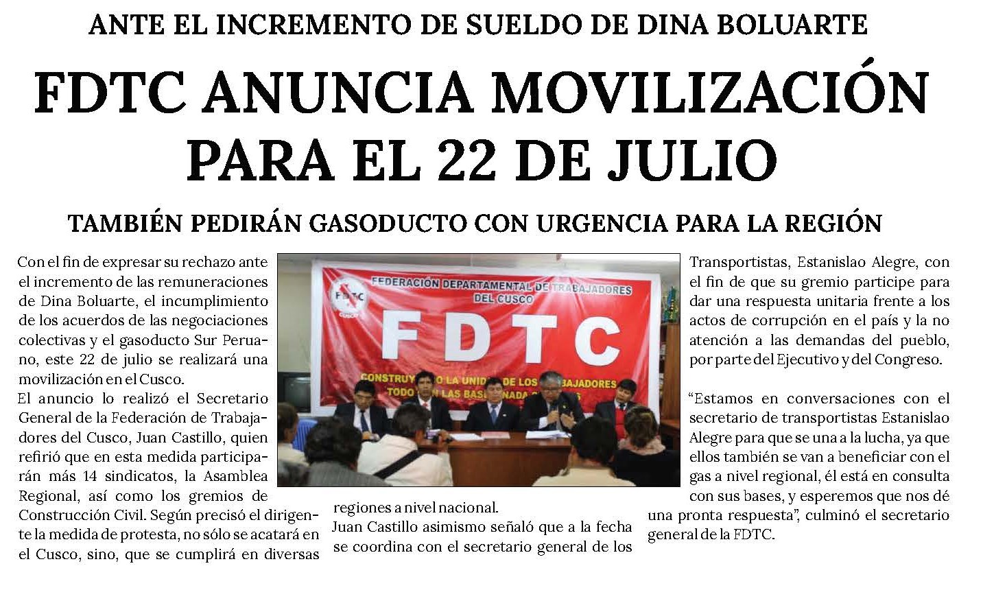 FDTC ANUNCIA MOVILIZACIÓN PARA EL 22 DE JULIO