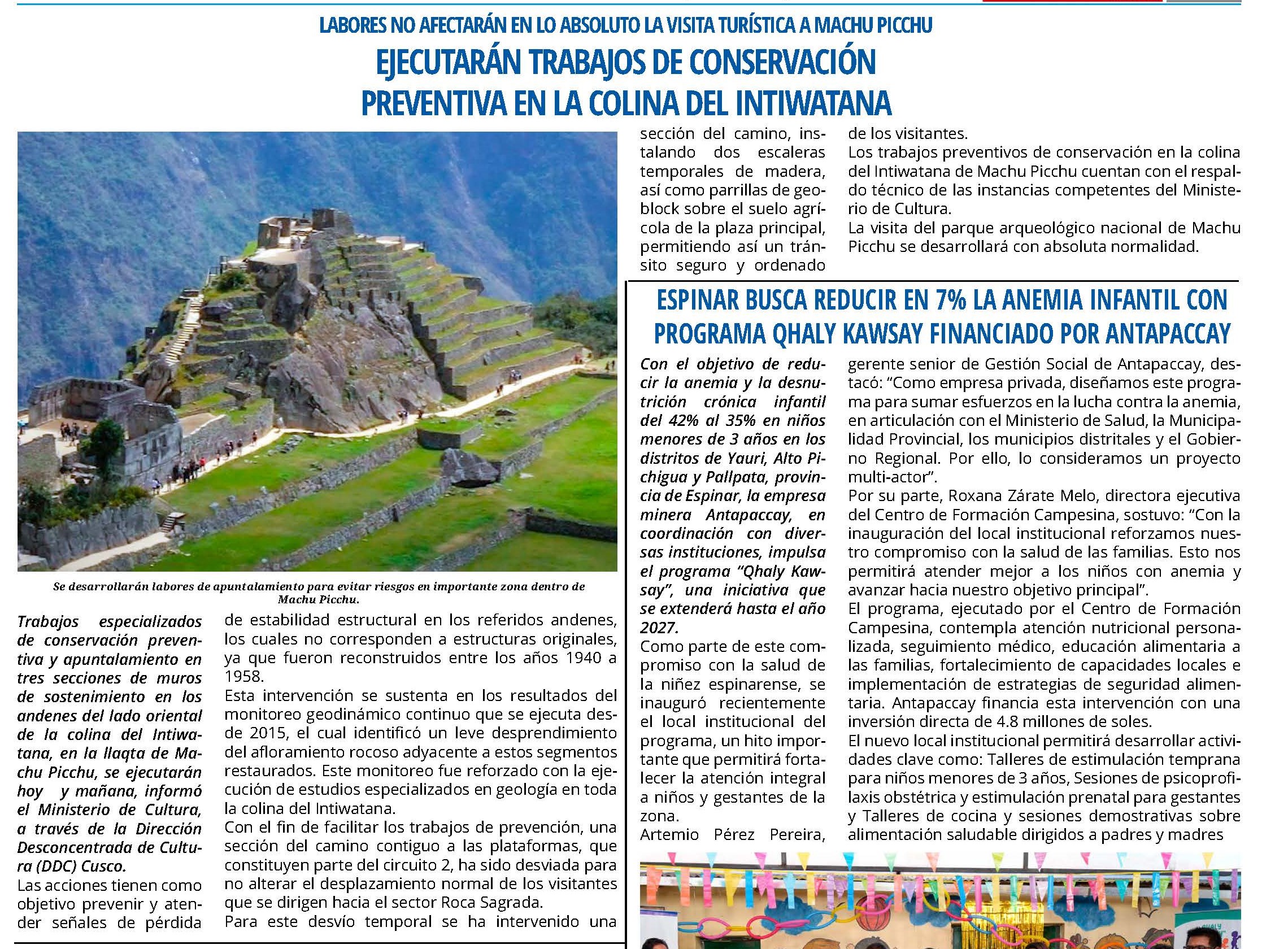 EJECUTARÁN TRABAJOS DE CONSERVACIÓN PREVENTIVA EN MACHUPICCHU