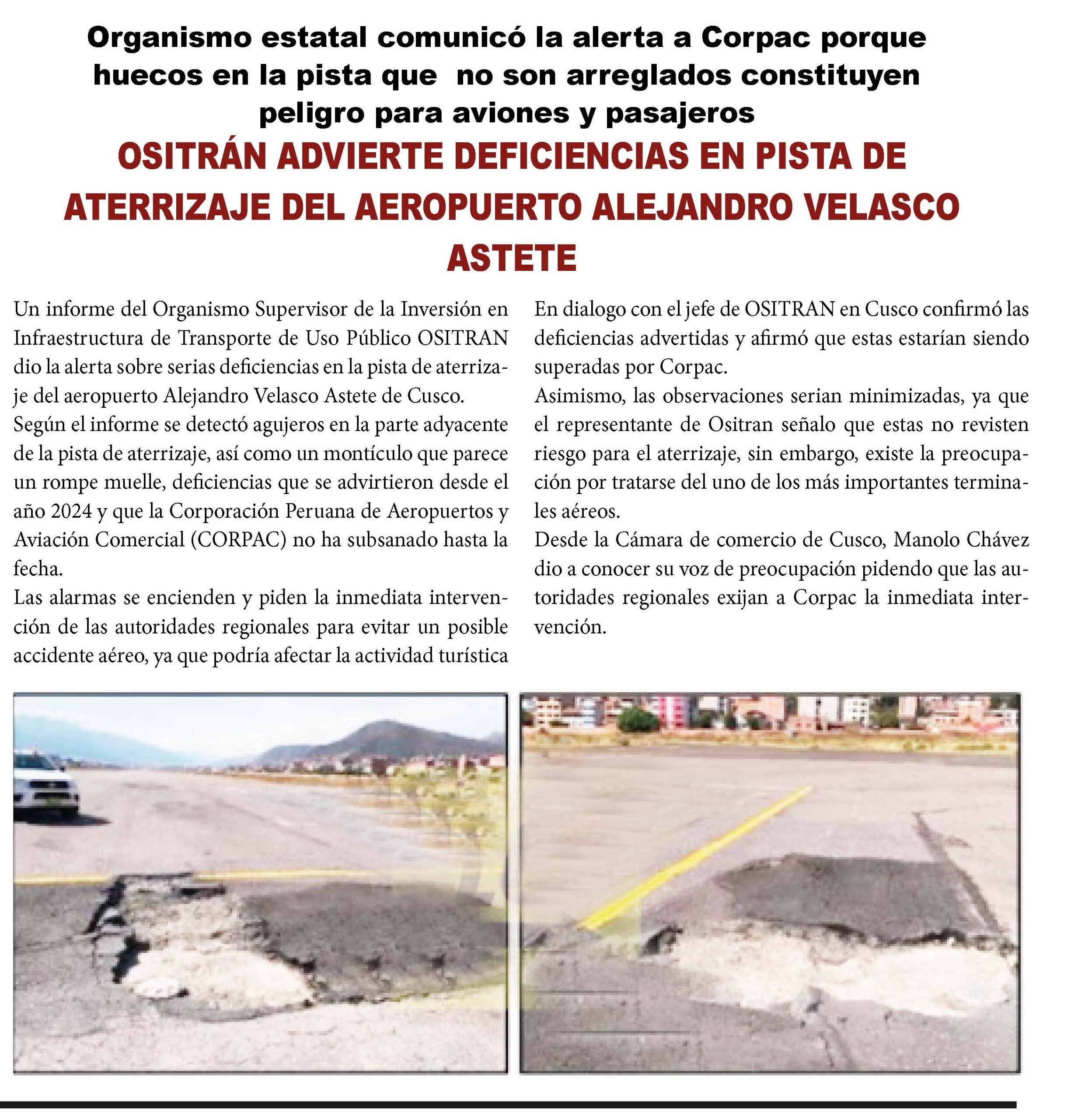 OSITRÁN ADVIERTE DEFICIENCIAS EN PISTA DE ATERRIZAJE DEL AEROPUERTO CUSCO