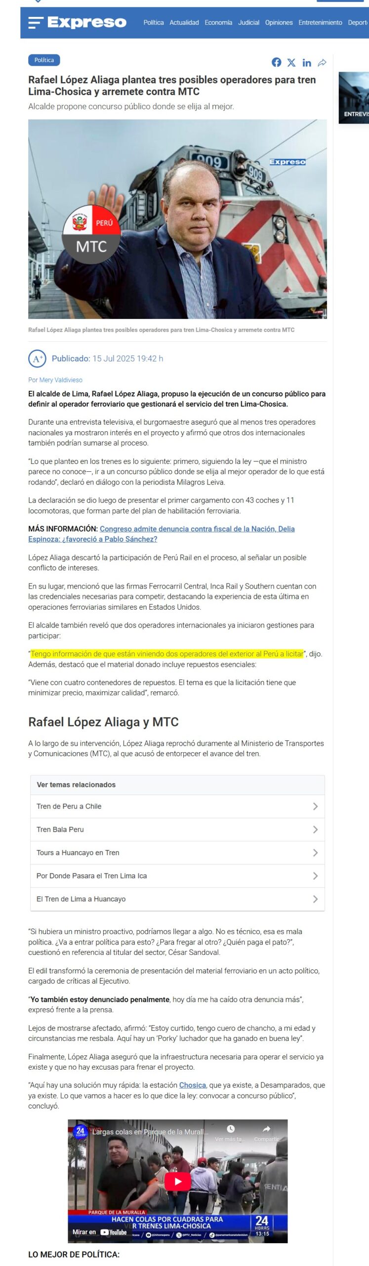 RAFAEL LÓPEZ ALIAGA PLANTEA TRES POSIBLES OPERADORES PARA TREN LIMA-CHOSICA Y ARREMETE CONTRA MTC