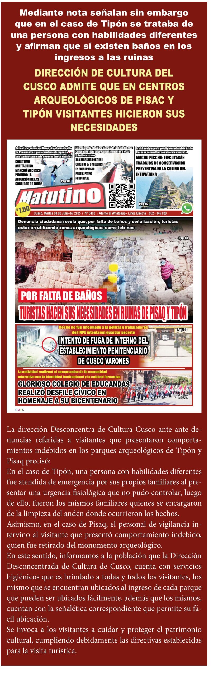 FALTA DE BAÑOS AFECTAN PATRIMONIO DE PISAQ Y TIPÓN