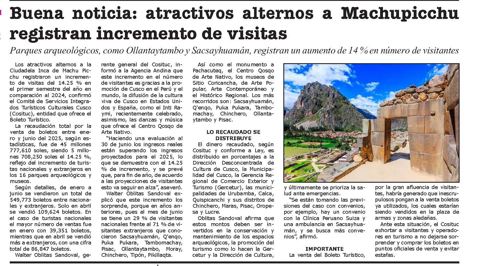 VENTA DE BOLETO TURÍSTICO EN EL PRIMER SEMESTRE FUE MÁS DEL 14.25 % QUE EL 2024