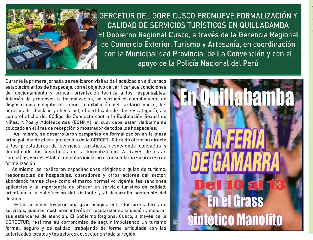 PROMUEVEN FORMALIZACIÓN Y CALIDAD DE SERVICIOS TURÍSTICOS EN QUILLABAMBA