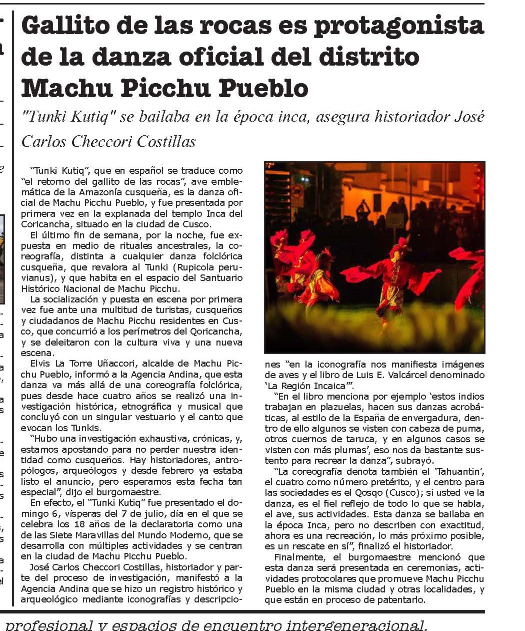 GALLITO DE LAS ROCAS ES PROTAGONISTA DE LA DANZA OFICIAL DEL DISTRITO MACHUPICCHU PUEBLO
