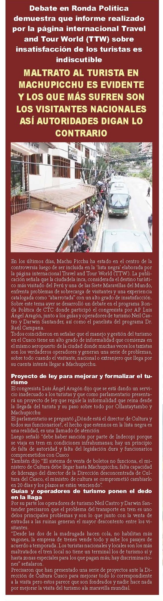 FALTA DE GESTIÓN COLOCARÍA A MACHUPICCHU EN UNA LISTA NEGRA