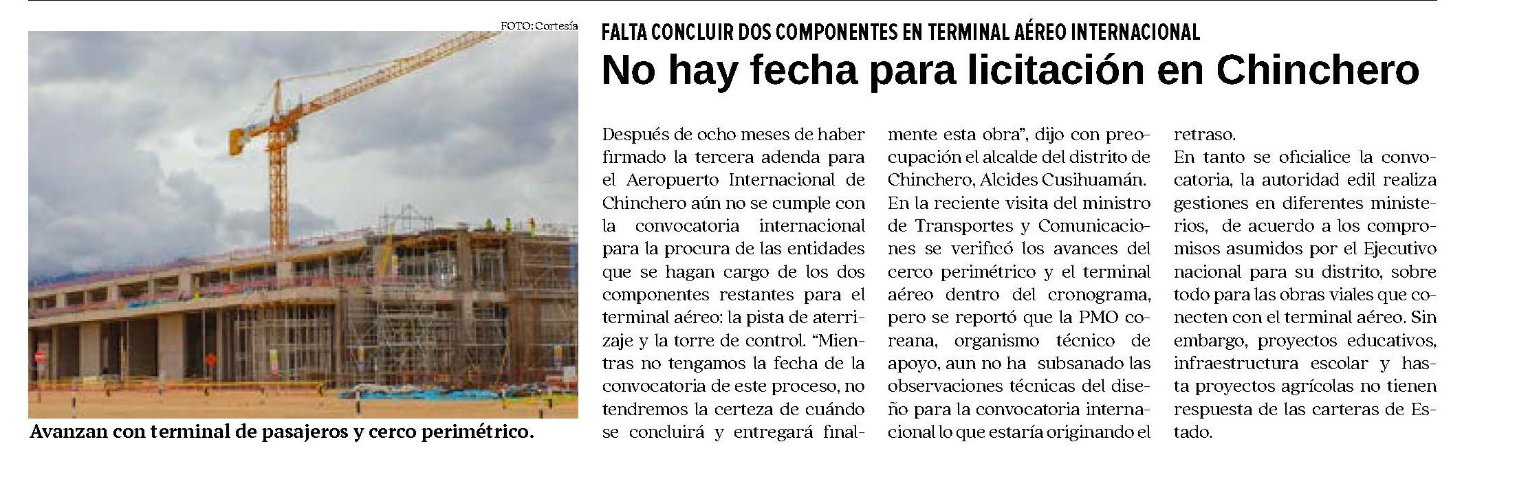 NO HAY FECHA PARA LICITACIÓN EN CHINCHERO