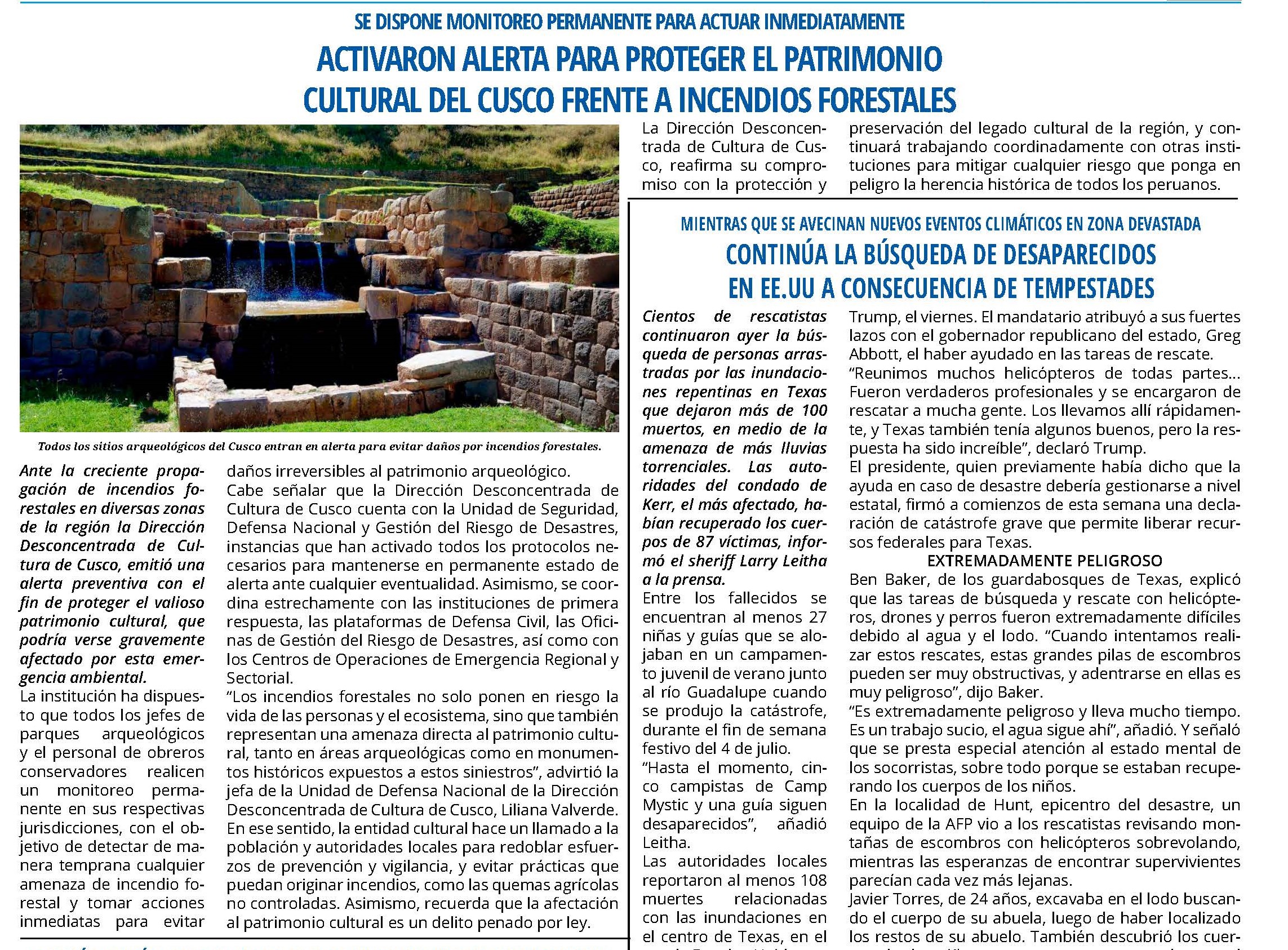 ACTIVAN ALERTA FRENTE A INCENDIOS FORESTALES EN PATRIMONIO CULTURAL DEL CUSCO