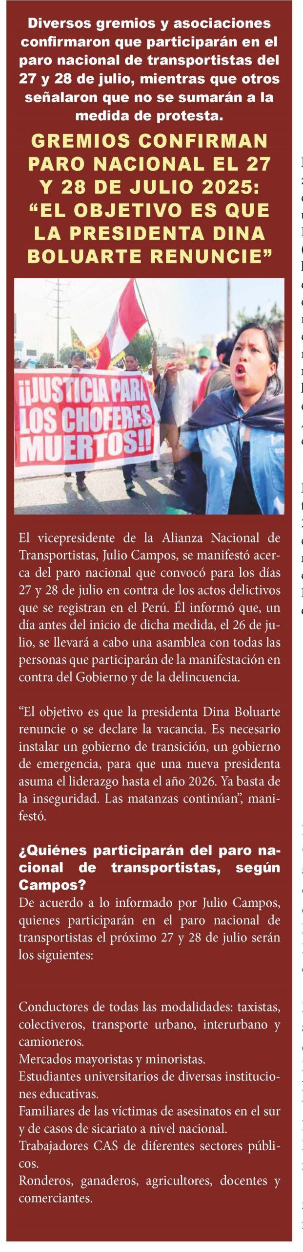 GREMIOS CONFIRMAN PARO NACIONAL EL 27 Y 28 DE JULIO 2025