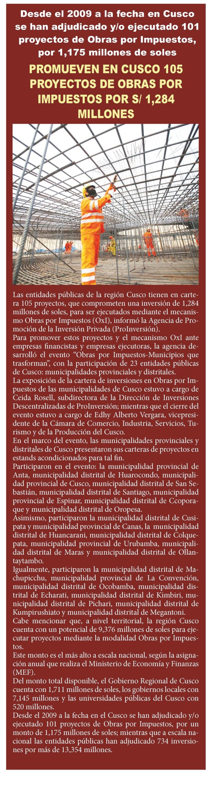 PROMUEVEN EN CUSCO 105 PROYECTOS DE OBRAS POR IMPUESTOS POR S/ 1284 MILLONES