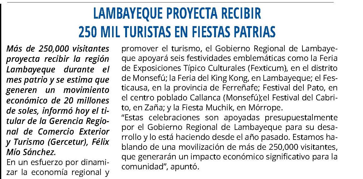 LAMBAYEQUE PROYECTA RECIBIR 250 MIL TURISTAS EN FIESTAS PATRIAS