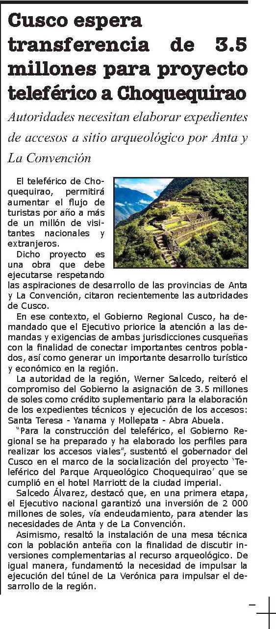 TELEFÉRICO DE CHOQUEQUIRAO CONECTARÁ CUSCO Y APURÍMAC EN 20 MINUTOS