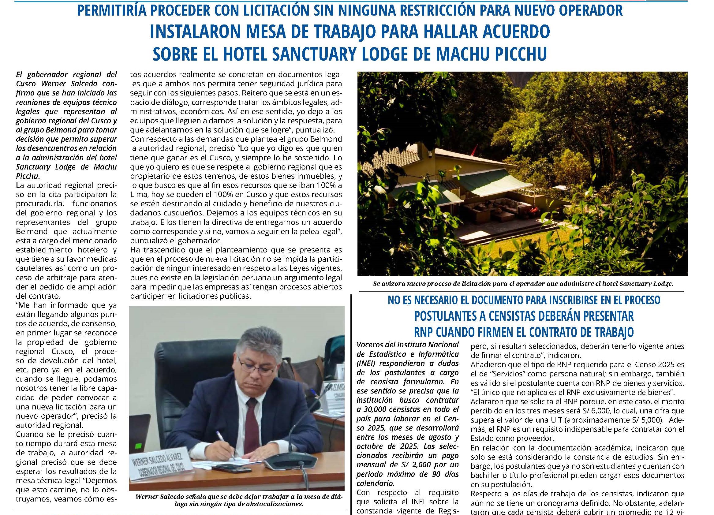 INSTALARON MESA DE TRABAJO PARA ACUERDO SOBRE EL HOTEL SANCTUARY LODGE