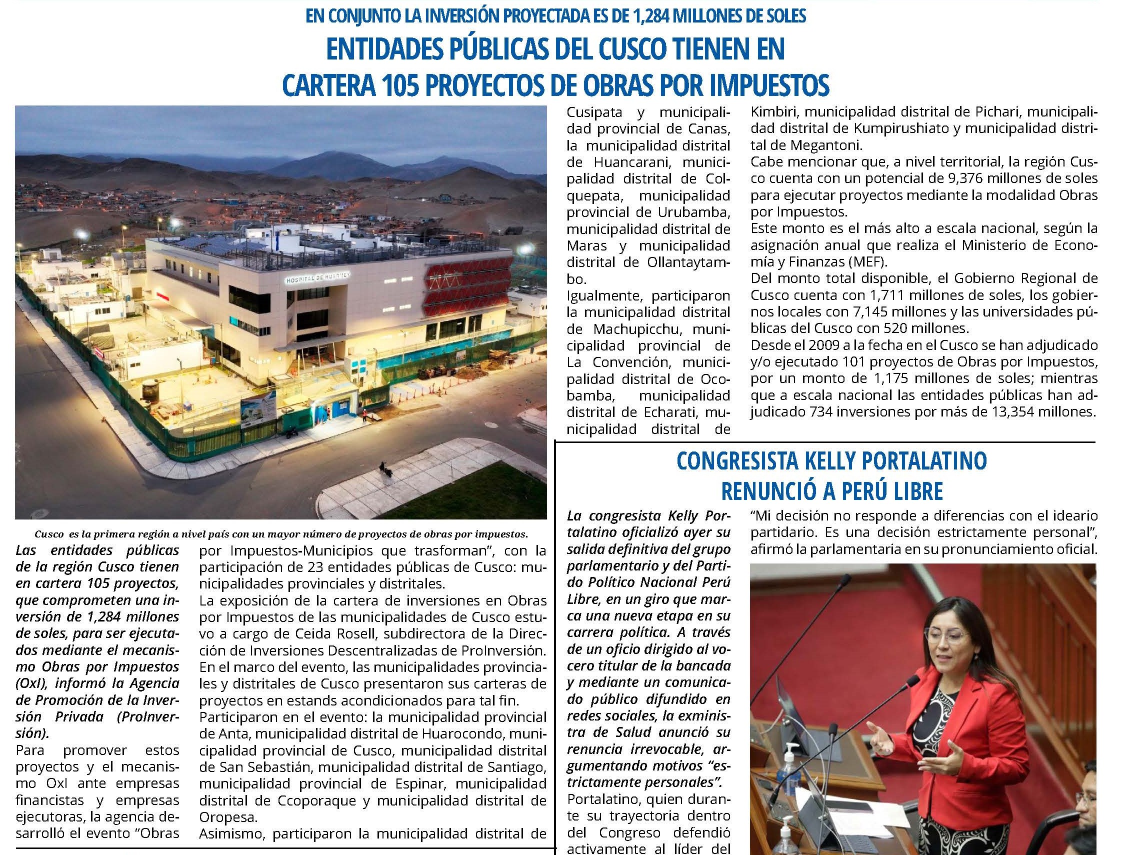 PROMUEVEN EN CUSCO 105 PROYECTOS DE OBRAS POR IMPUESTOS POR S/ 1284 MILLONES