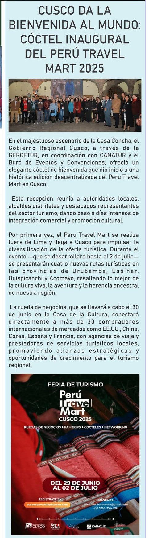 CUSCO DA LA BIENVENIDA AL MUNDO: CÓCTEL INAUGURAL DEL PERÚ TRAVEL MART 2025