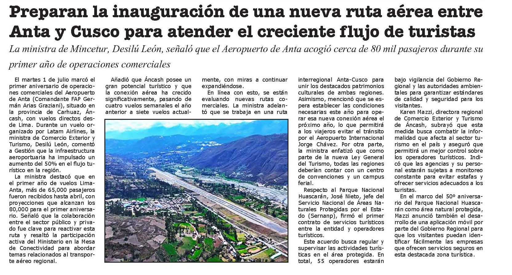 PLANTEAN VUELOS DIRECTOS ENTRE AEROPUERTO DE ANTA Y EL AEROPUERTO VELASCO ASTETE