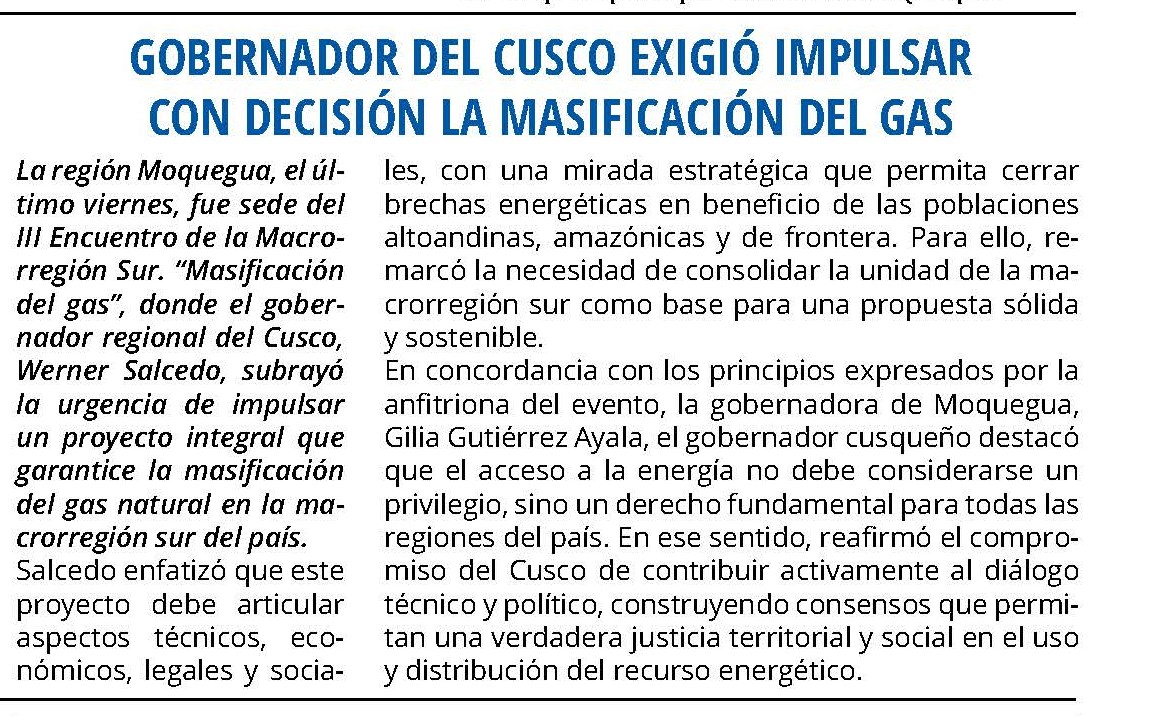 GOBERNADOR DEL CUSCO EXIGIÓ IMPULSAR CON DECISIÓN LA MASIFICACIÓN DEL GAS