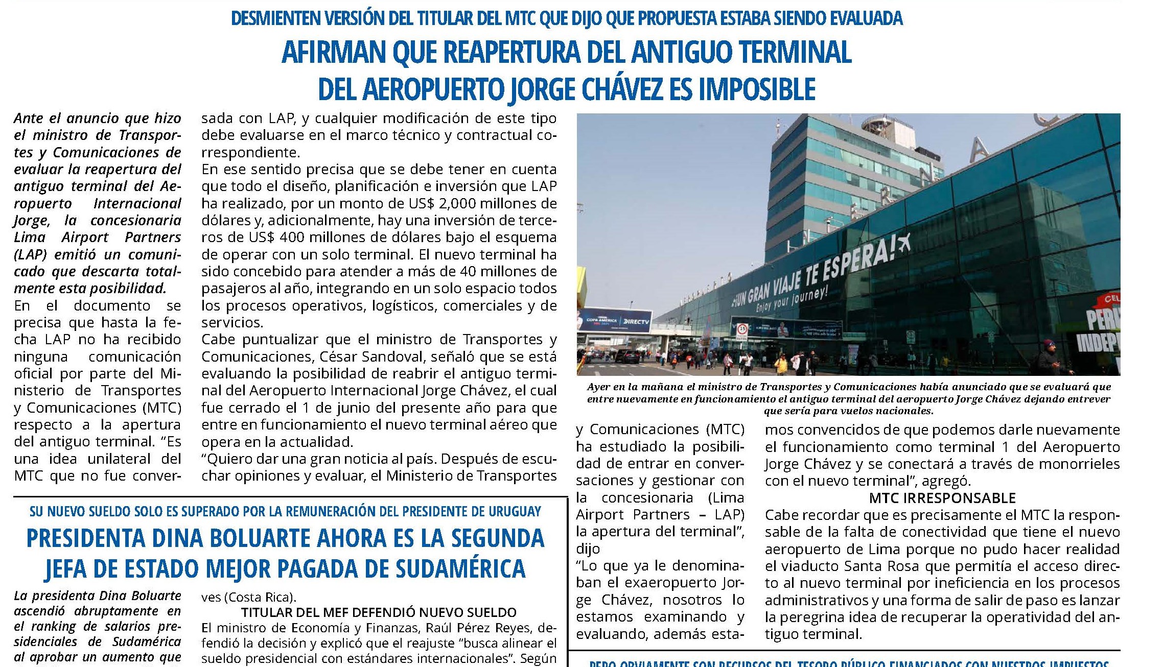 AFIRMAN QUE REAPERTURA DEL ANTIGUO TERMINAL DEL AEROPUERTO JORGE CHÁVEZ ES IMPOSIBLE